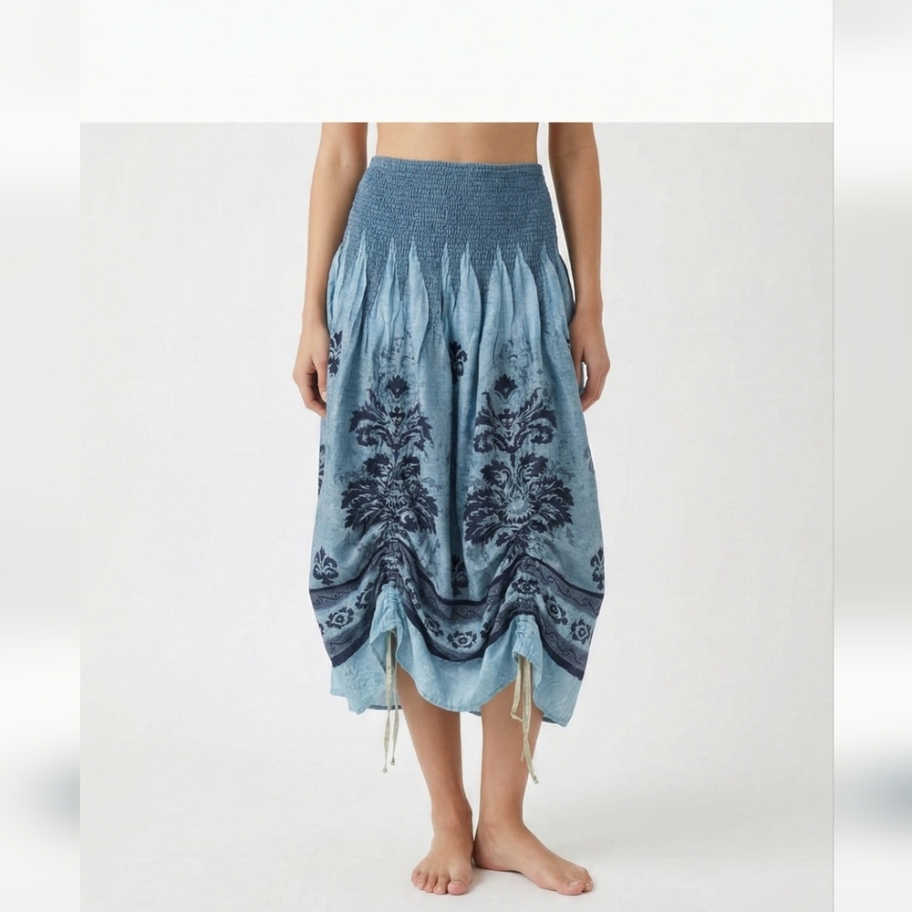 Lapis Skirt Blue Midi Boho Festival Hippie Floral Gypsy Satin Grunge OSFA